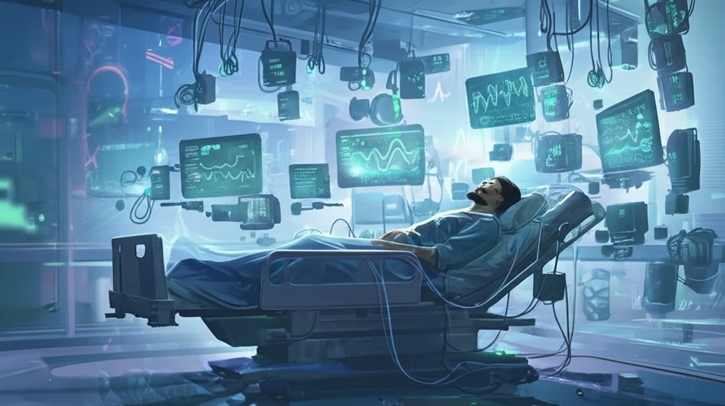 A serene patient on mechanical ventilation with advanced medical monitors.