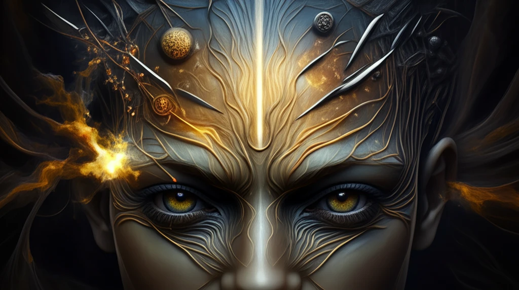 Surreal digital illustration of human forehead anatomy with glowing supraorbital foramen and notch.