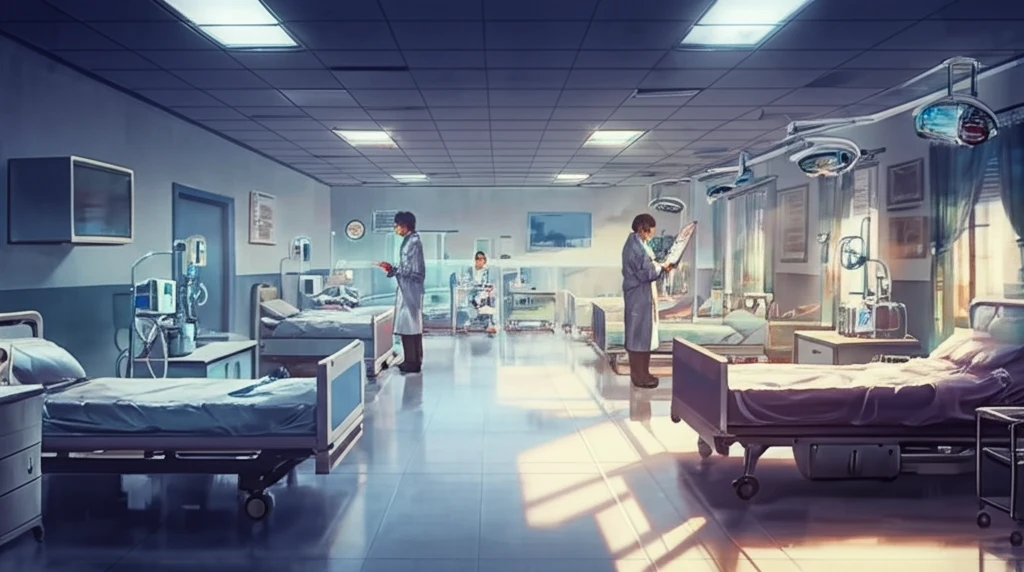 Crowded hospital ward transforming into serene outpatient clinic