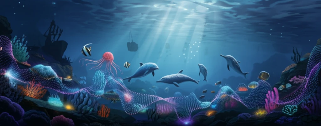 Underwater soundscape with visible sound waves and marine life.