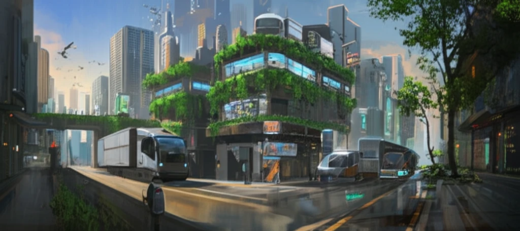 Futuristic cityscape with sustainable freight transport.