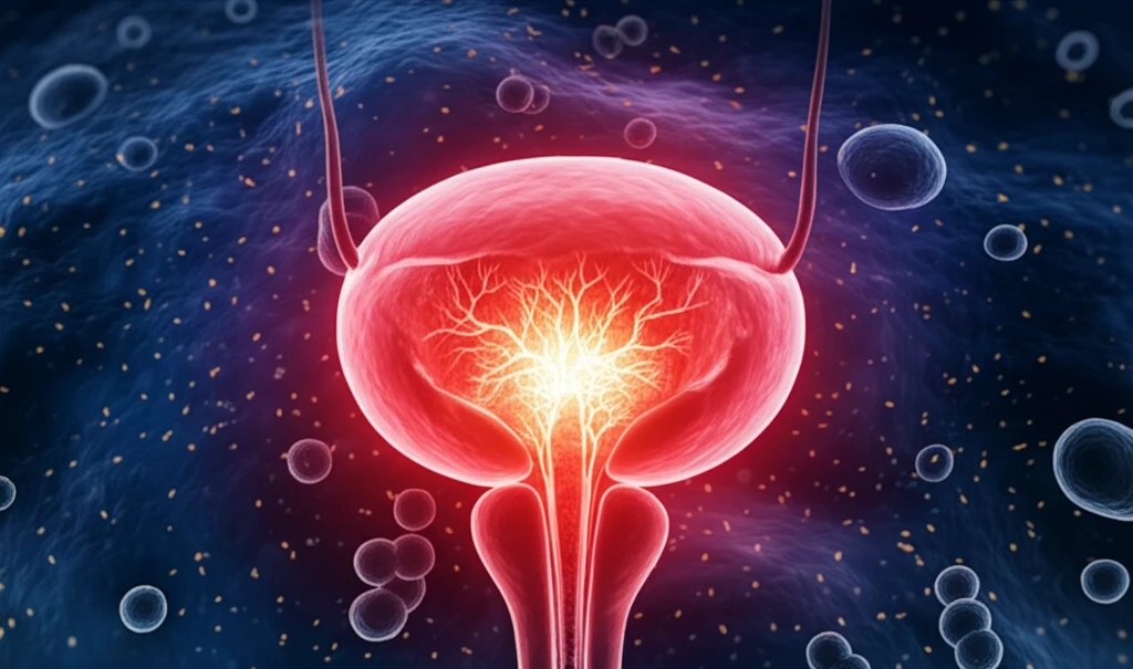 Bladder cells under pressure, glowing with molecular pathways