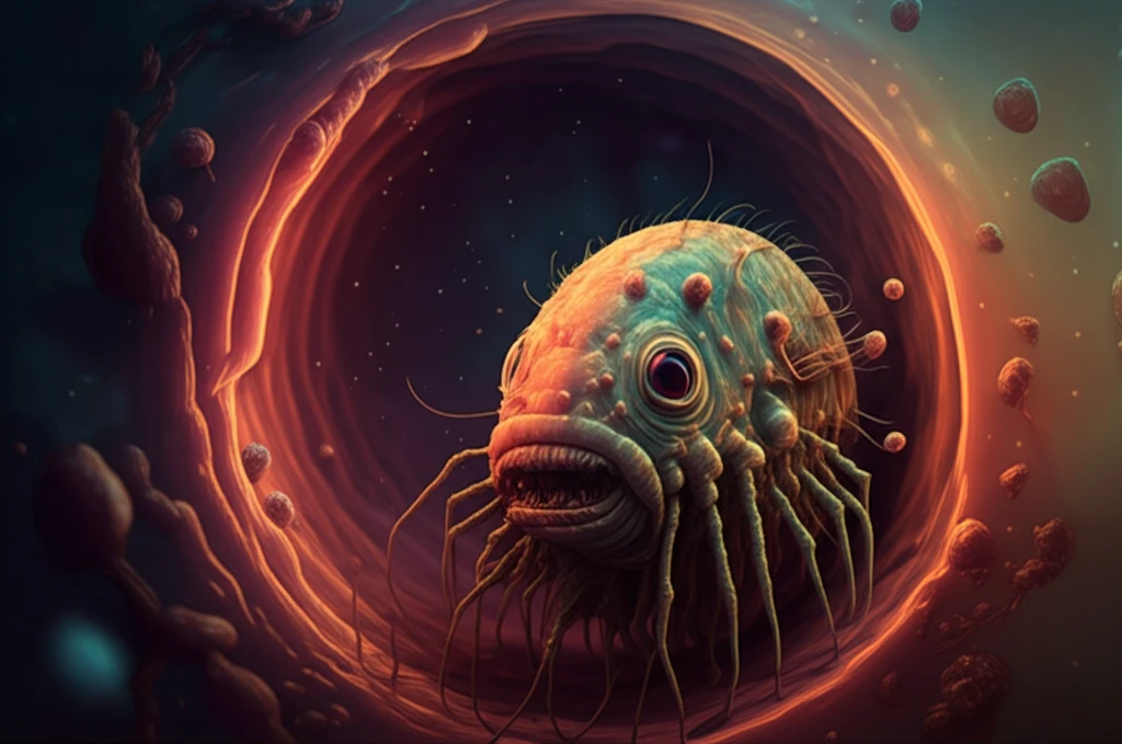 Microscopic view of a parasite inside a fish intestine.