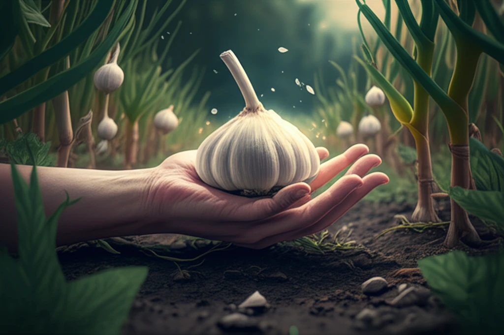 Hand holding glowing garlic bulb in lush garden