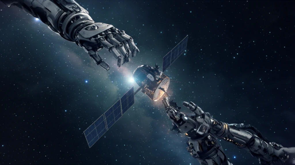 Two robotic arms in space repairing a satellite.