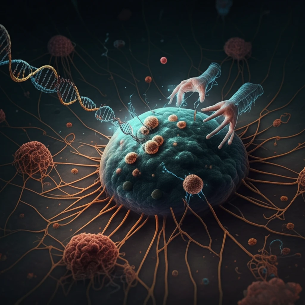 Surreal illustration of HAC1 mRNA splicing in a yeast cell