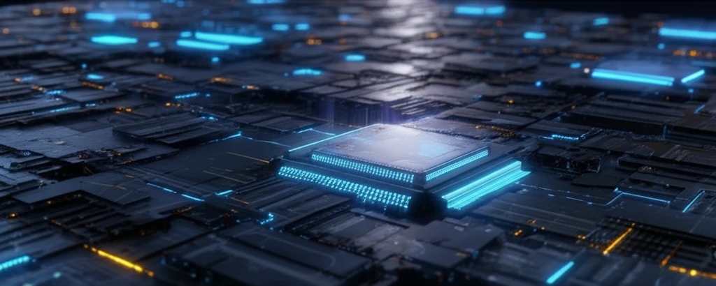 Microchip landscape with thermal gradients illustrating heat dissipation.