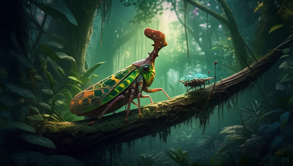 A vibrant Gabonese rainforest scene featuring an intricately patterned treehopper.