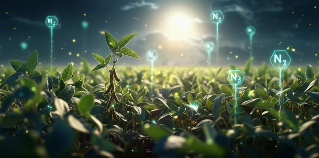 Soybean field with glowing leaves representing nitrogen.