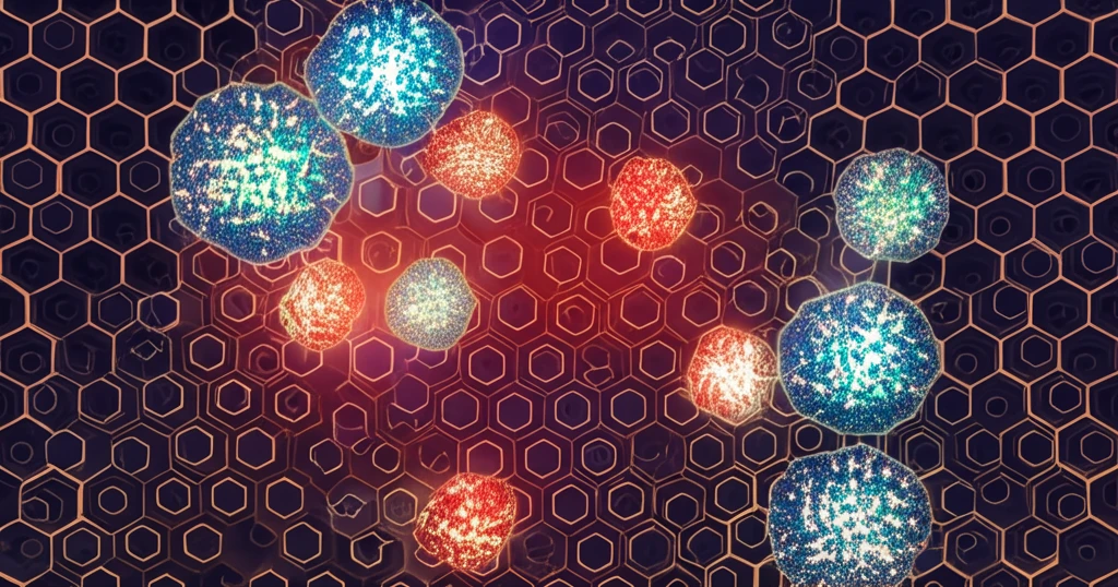 Microscopic view of honeycomb protein array with glowing proteins inside, highlighting the blend of science, technology, and innovation.