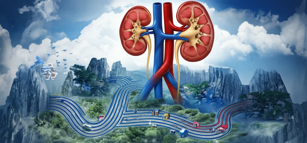Surreal illustration of kidneys as landscapes representing dialysis and kidney health complexities.