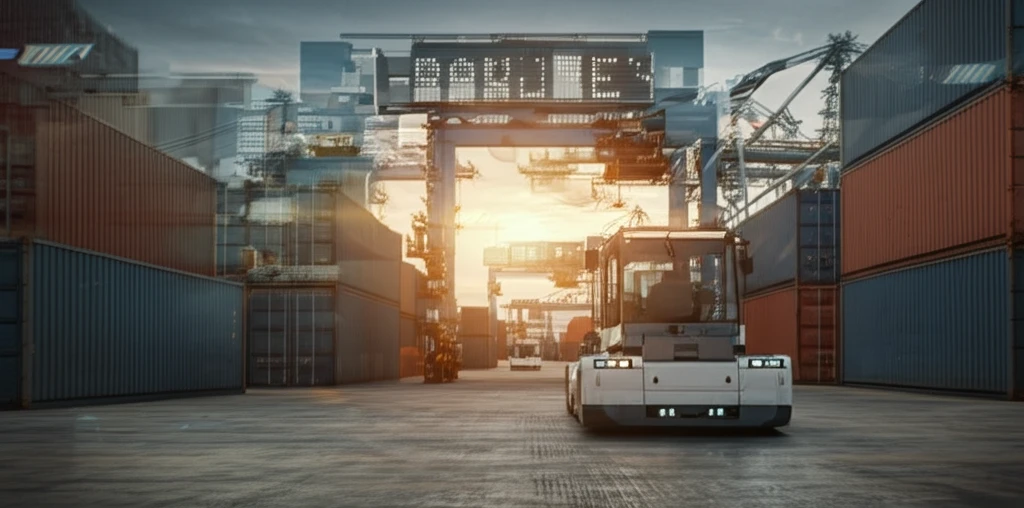 Automated guided vehicles transporting containers in a futuristic port.