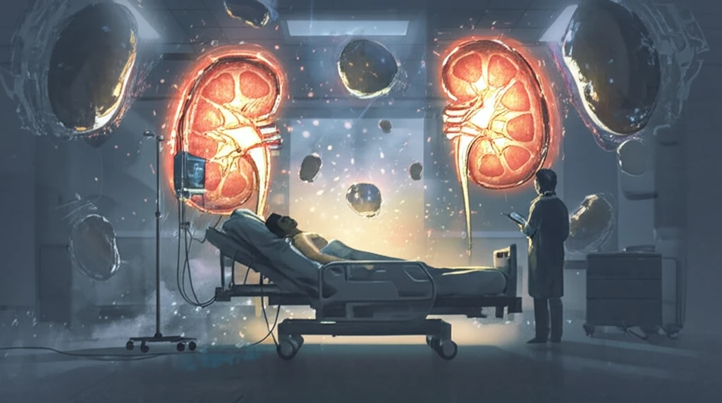 Illustration of a patient surrounded by glowing kidney stones, symbolizing hope and healing through medical care.