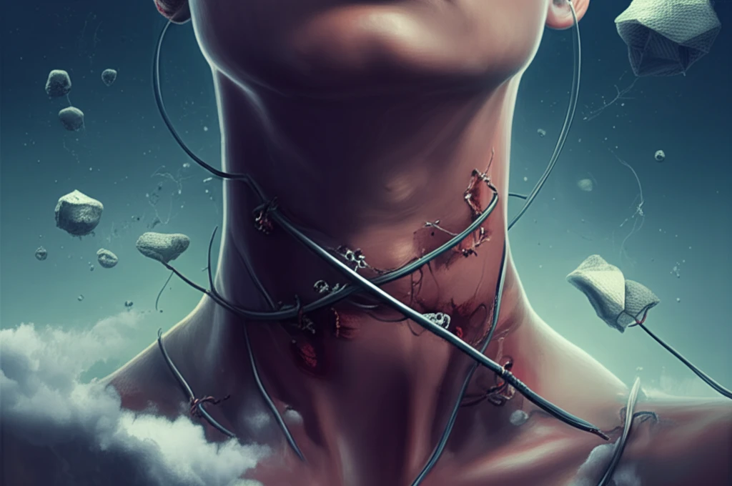 Surreal illustration of a throat with sutures and Surgicel, symbolizing tonsillectomy recovery.
