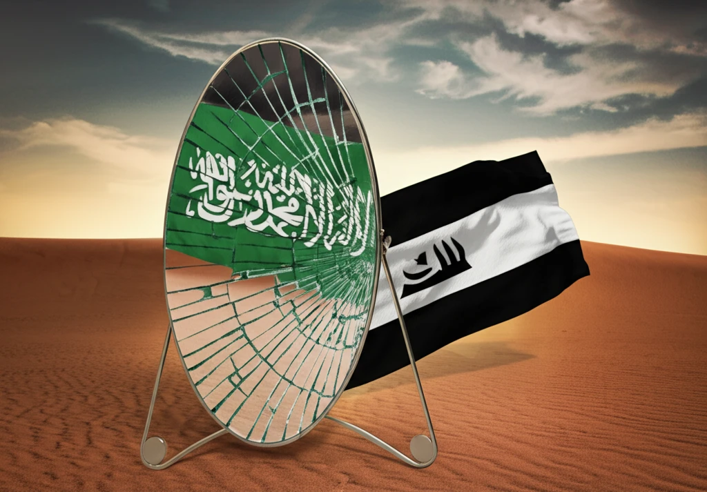 Fractured mirror showing the reflection of Al Qaeda and ISIS flag
