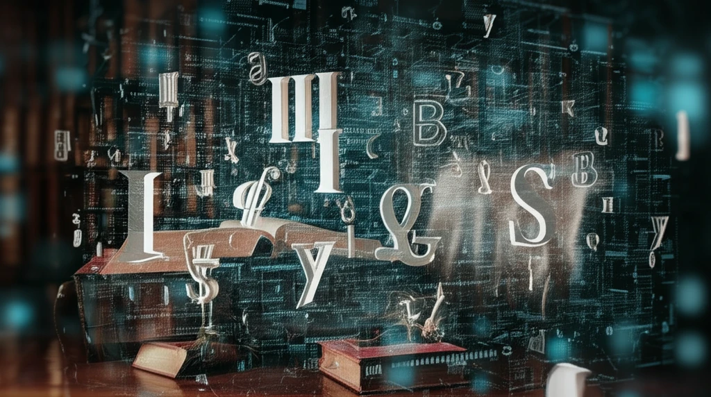 Surreal illustration of the US Constitution with historical documents and linguistic symbols.