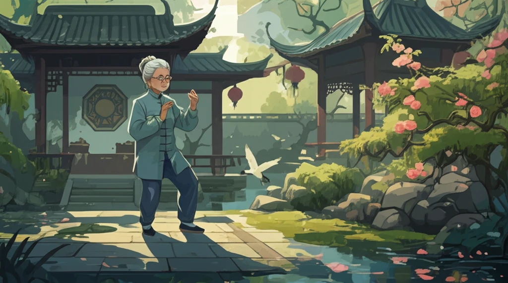 Elderly Chinese woman practicing Tai Chi in a serene garden, symbolizing health and well-being.