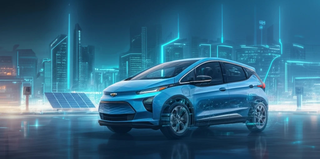 Chevrolet Bolt electric vehicle with glowing motor design in a futuristic city.