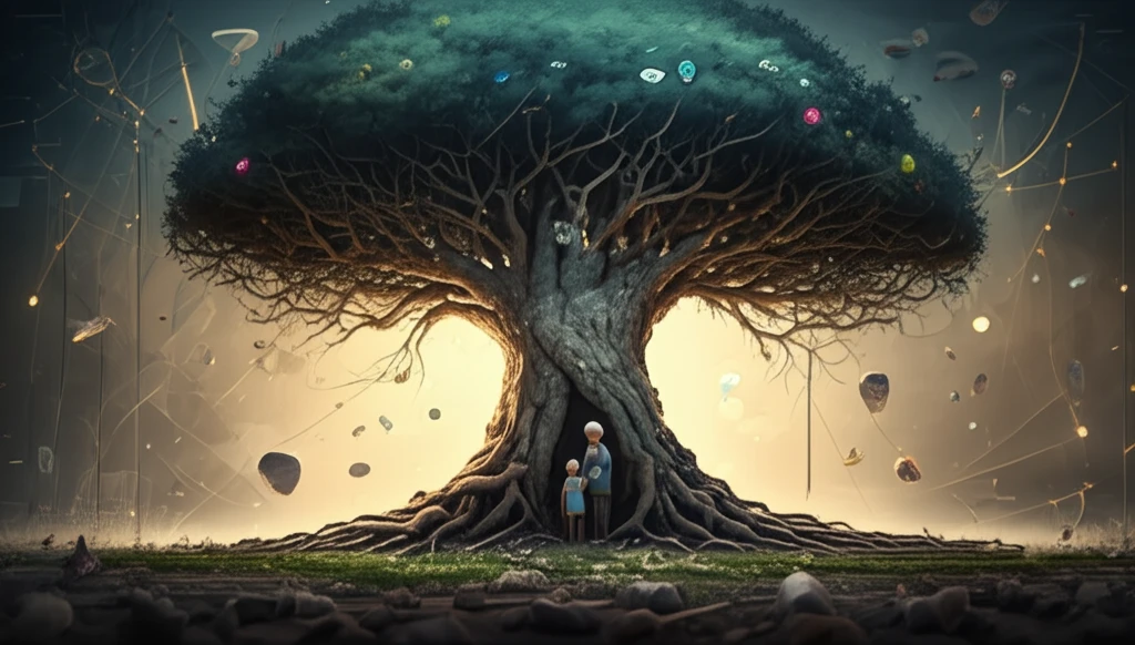 A surreal tree symbolizing safeguarding, with roots protecting a child and elderly person.