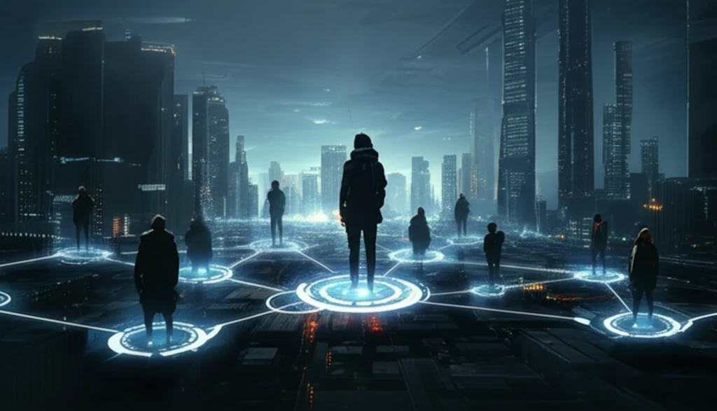Secure network connecting diverse individuals in a futuristic cityscape.