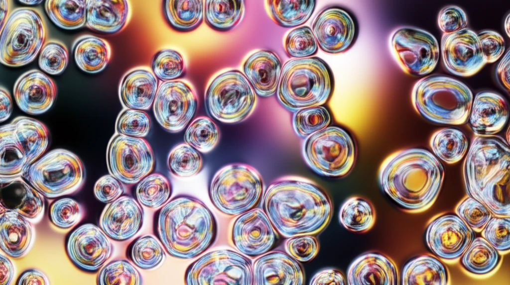 Microscopic view of liquid crystal molecules refracting light.