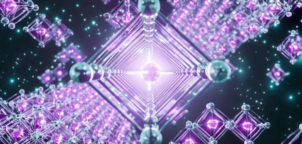 Glowing strontium atoms in a crystal lattice, representing energy transformation.