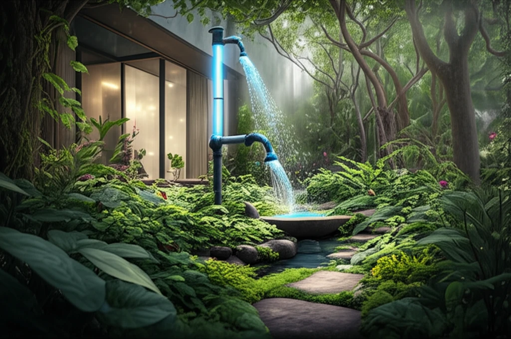 Surreal illustration of a safe and sustainable greywater system in a home garden.