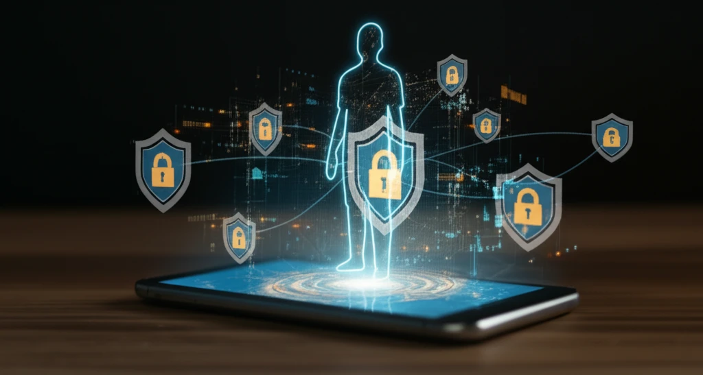 Smartphone with cybersecurity shields and data streams