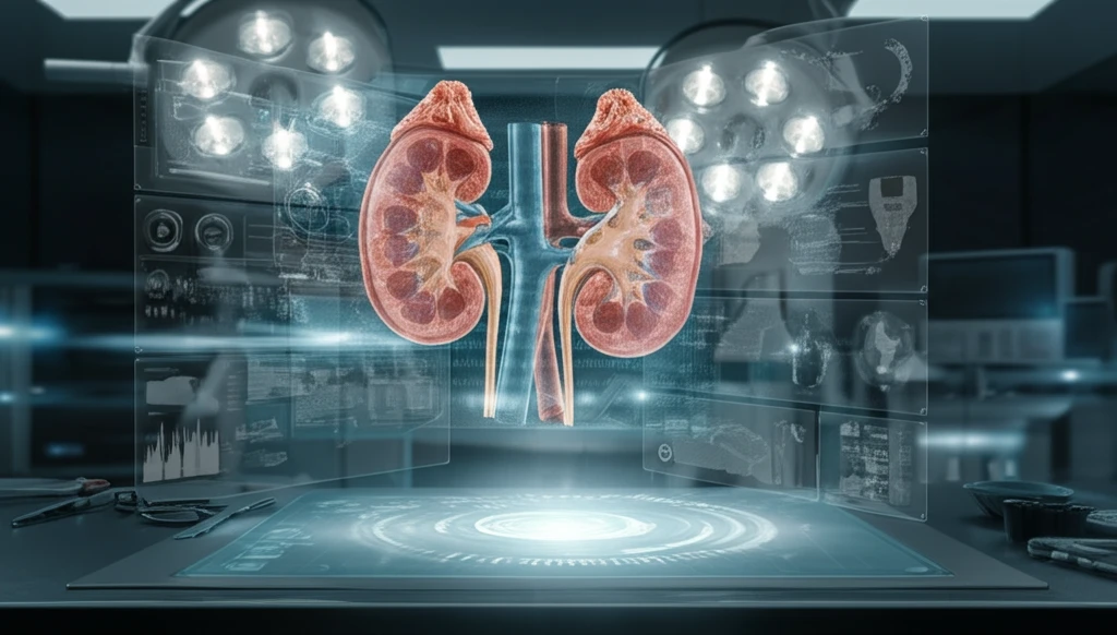 3D printed kidney model over a futuristic operating table