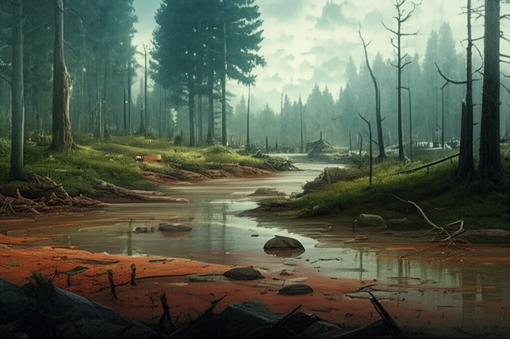 Deforested landscape with polluted river and a faint image of a healthy forest in the background.
