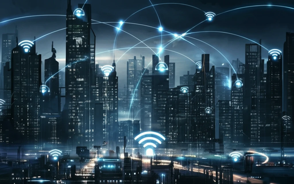 Futuristic cityscape powered by wireless energy.