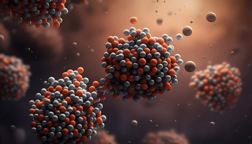 Microscopic view of humic acid molecules binding to magnetite particles.