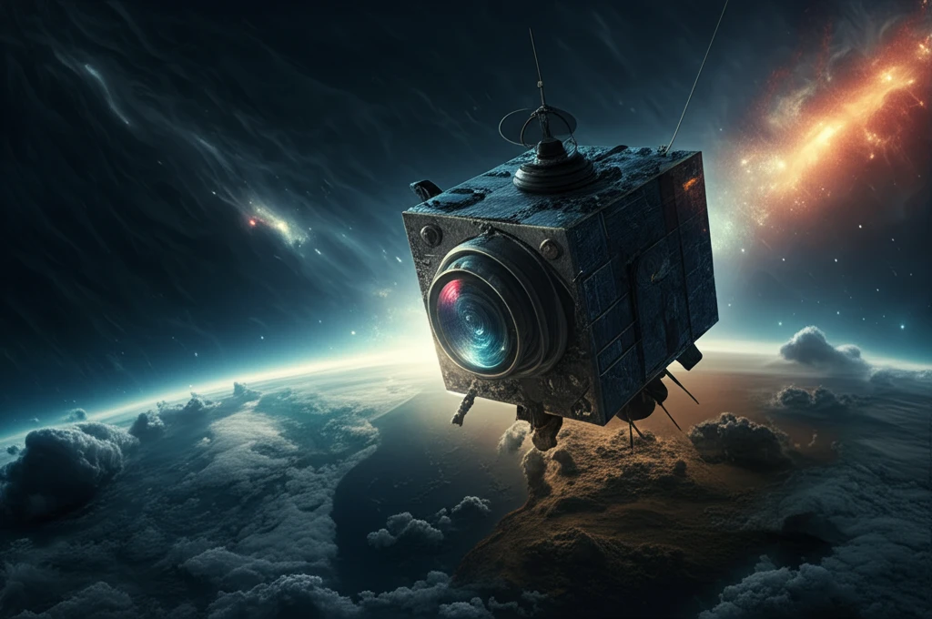 A miniature satellite orbiting Earth, using a cloud monitoring camera to capture vibrant images of clouds and continents.