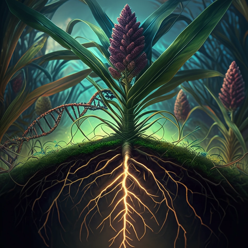Vibrant sweet sorghum field growing in acidic soil with glowing plants and DNA strand intertwining with roots.