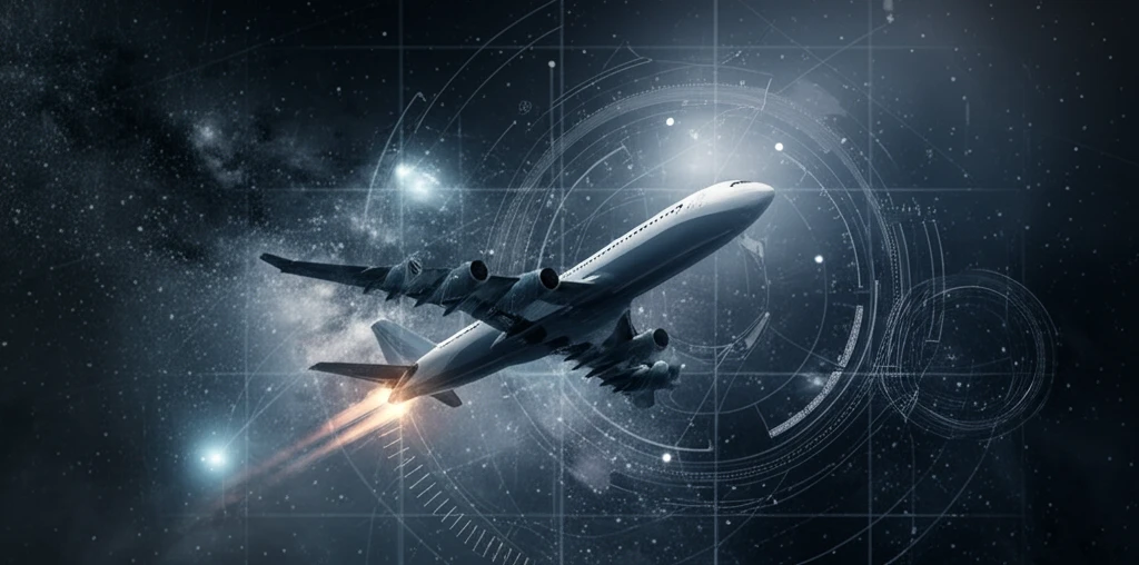 Surreal illustration of a modern aircraft with advanced measurement systems.