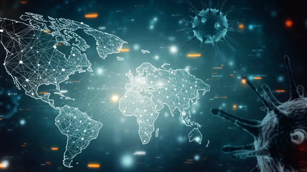 Global health security visualization: Interconnected nodes of research, medicine, and a fading virus.