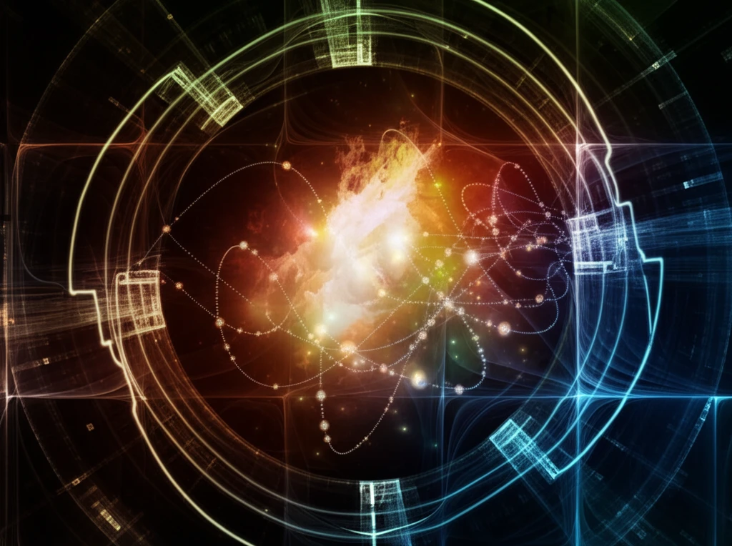 Entangled particles connected by glowing lines, surrounded by abstract quantum measurement devices.