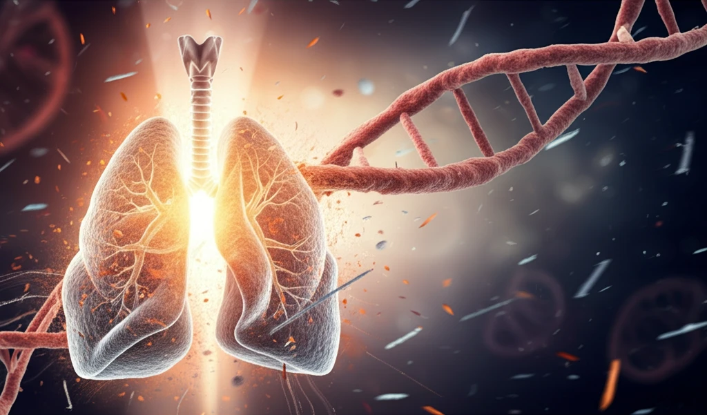 Surreal illustration of lung cancer cells being penetrated by light, symbolizing breakthrough in treatment resistance