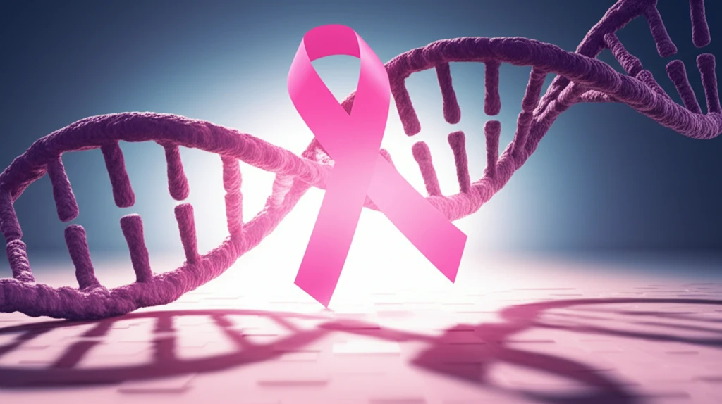 Stylized DNA strand with breast cancer awareness ribbon, representing the importance of BRCA testing