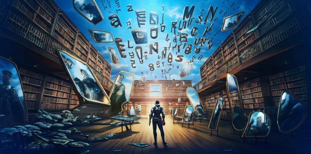 Surreal illustration of a library reflecting distorted images.