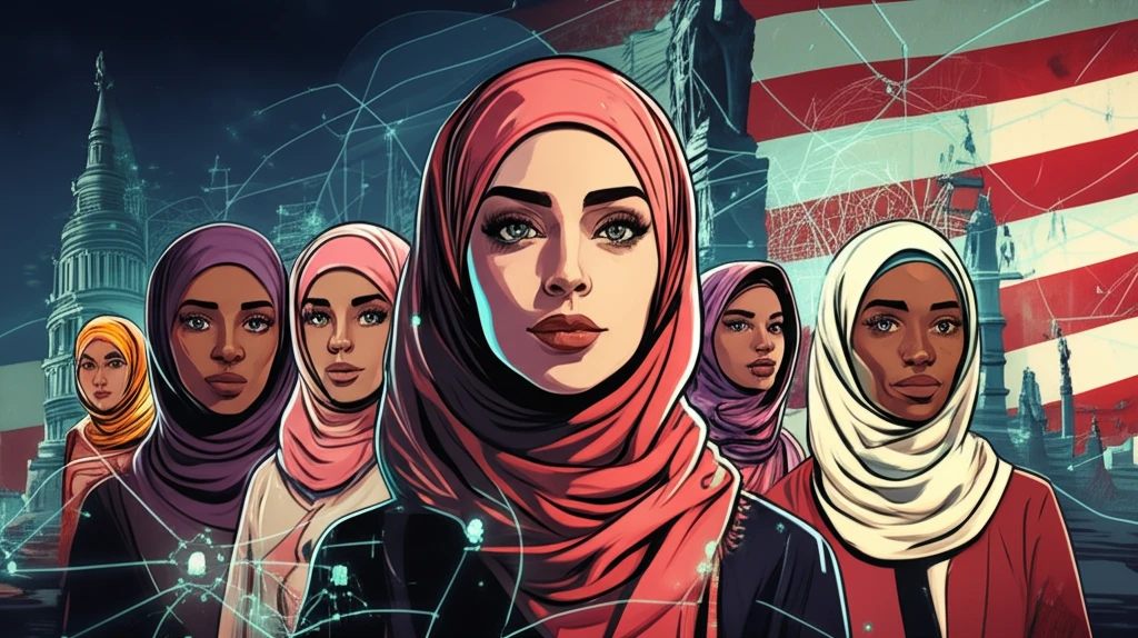 Diverse group of Muslim women connected by social networks.