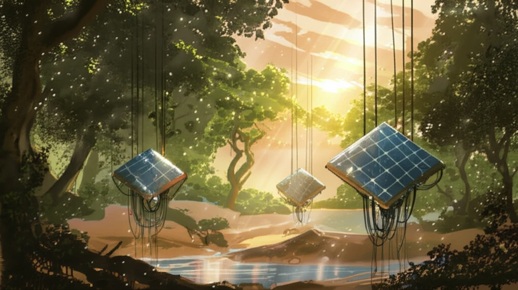 Desert landscape transforming into an oasis with solar evaporation devices.