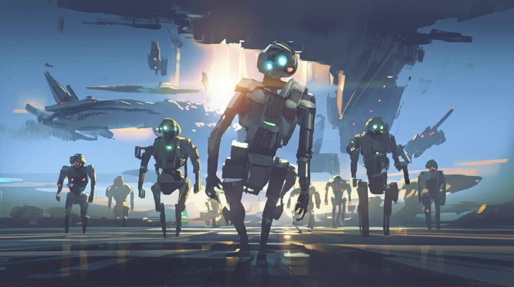 Harmonious swarm of polygonal robots moving together in a landscape.