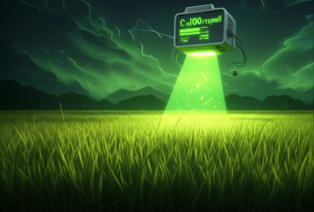 Rice field with chlorophyll meter hovering, symbolizing optimized nitrogen levels.