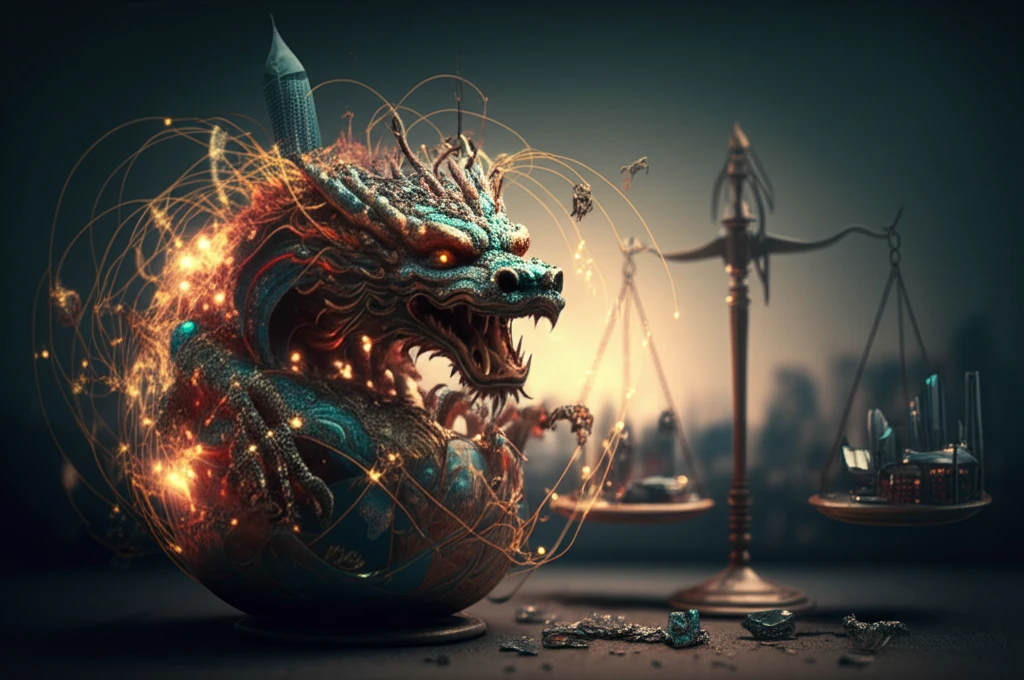 Chinese dragon intertwined with global trade routes symbolizes the balance between external demand and domestic consumption in China's economy.
