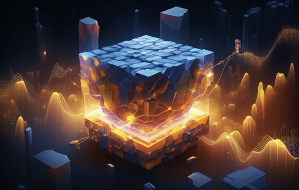 Surreal illustration of GeSn crystal structure with energy bands.