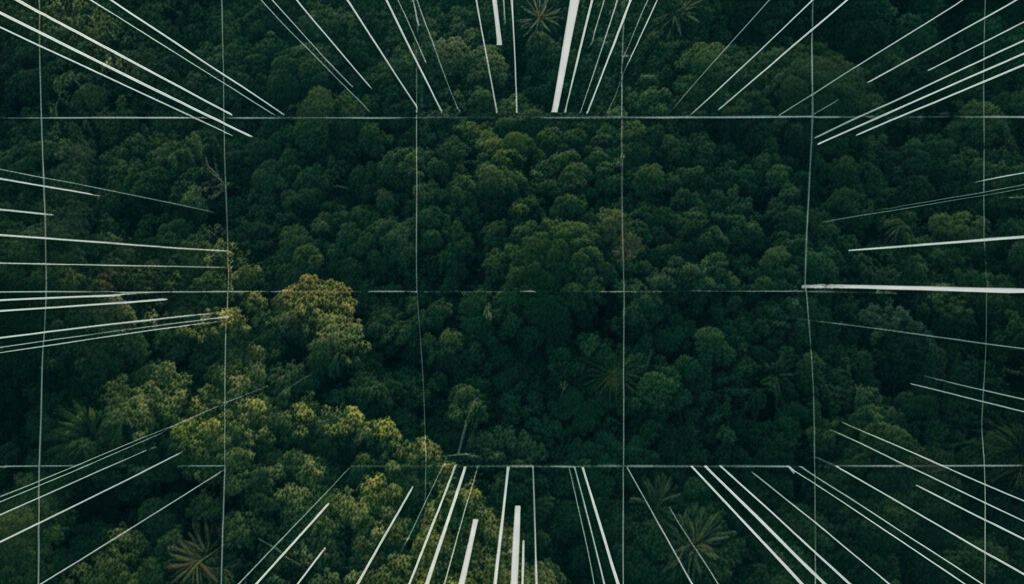 Satellite view of tropical forest with data overlay