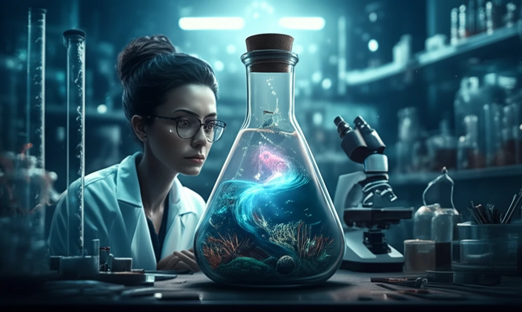 Scientist extracting marine compounds from the ocean in a vial.
