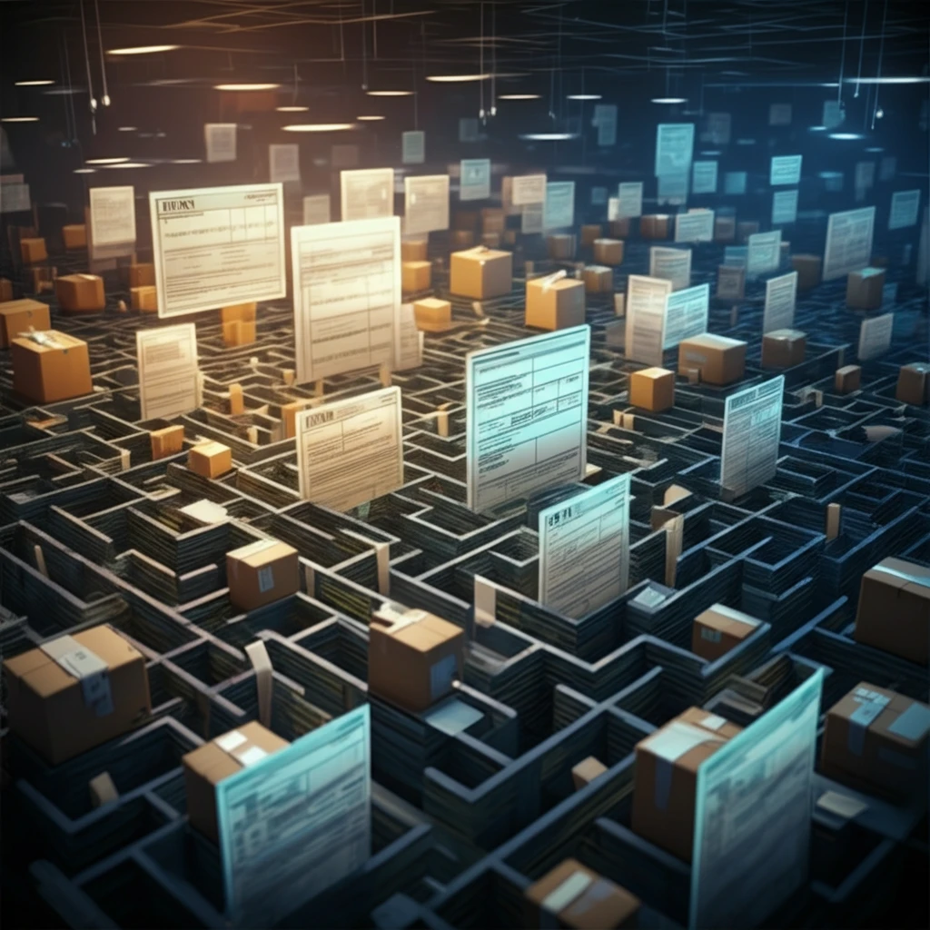 Surreal warehouse labyrinth representing VAT complexities for e-commerce.