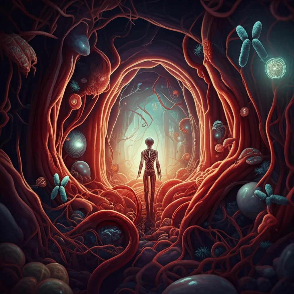 A surreal maze of blood vessels and antibodies representing the complexities of antiphospholipid syndrome.